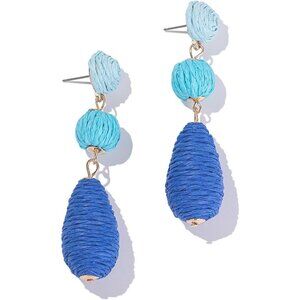 Women's Blue Boho Raffia Earrings Statement Dangle Cute Teardrop Earring Jewelry